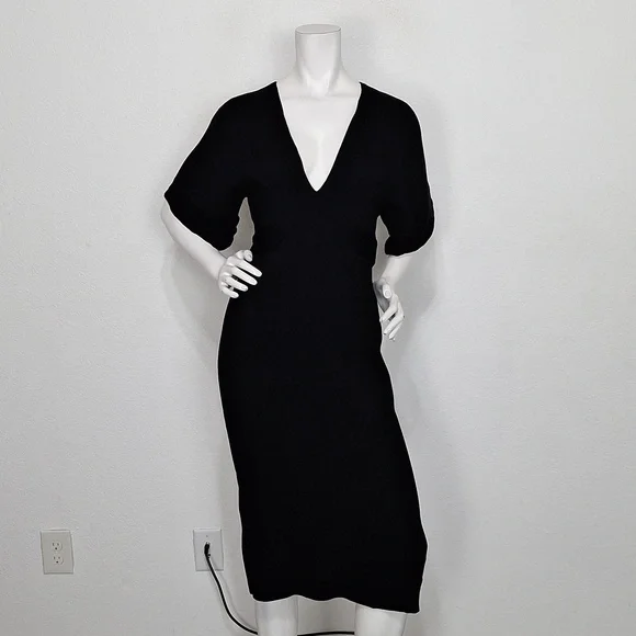 Topshop Black Ribbed Knit W/Open Back Bow Tie Midi Cocktail Dress Size US 6 - Picture 1 of 13